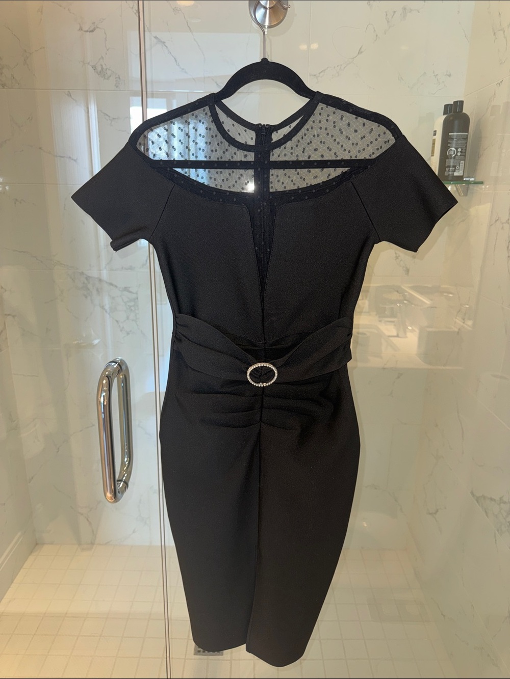 Black Sheer Yoke Belted Midi Dress